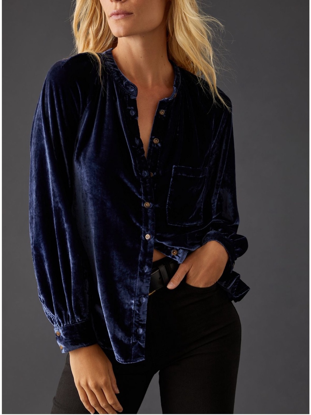 Anthropologie Pilcro Velvet Button-Up Shirt in Dark Blue XS